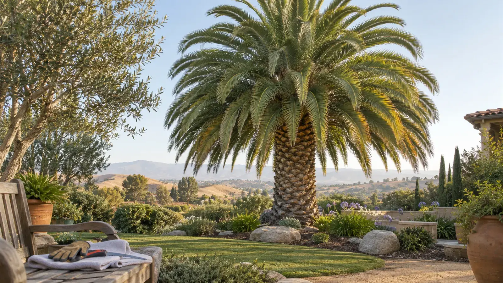 Canary Island date palm with a broad crown and pruning tools on a nearby bench.
