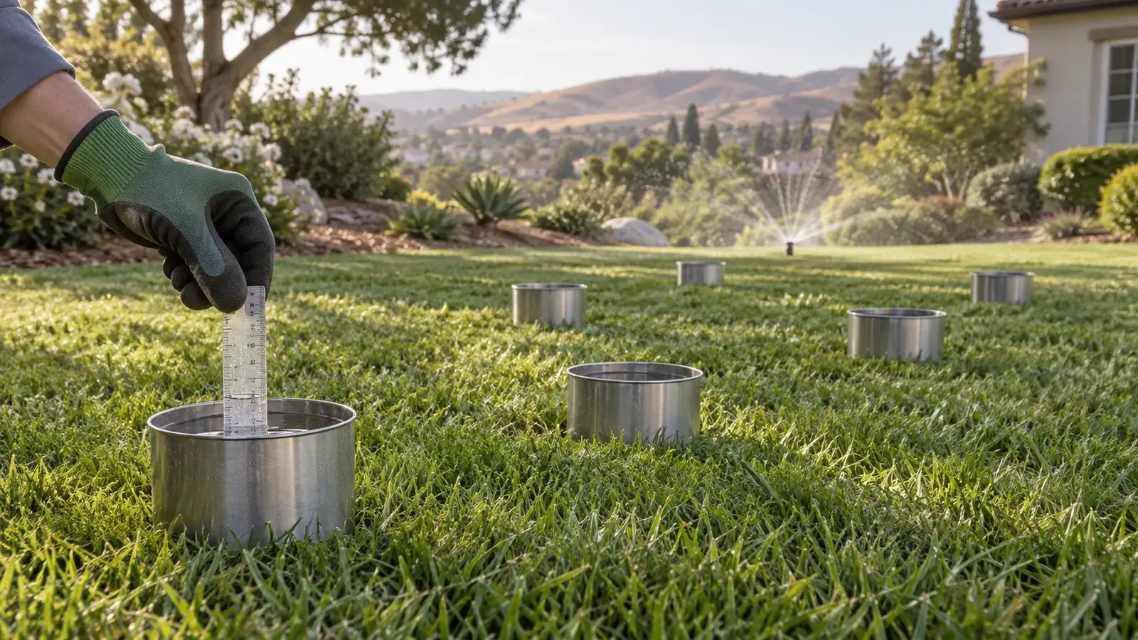 Gloved hand measuring water in a container during a lawn sprinkler catch-can test.