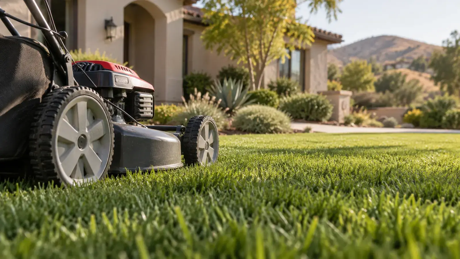 Push mower resting on evenly cut grass in a landscaped residential yard.