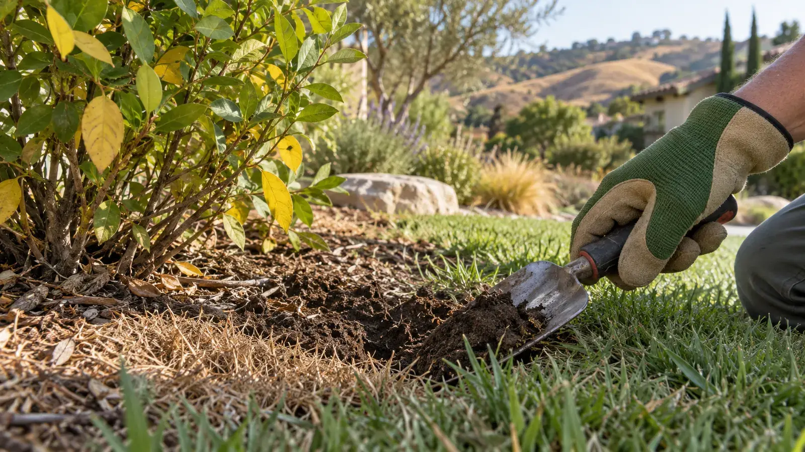 Gloved hand checking soil beside brown grass and a shrub with yellow leaves.