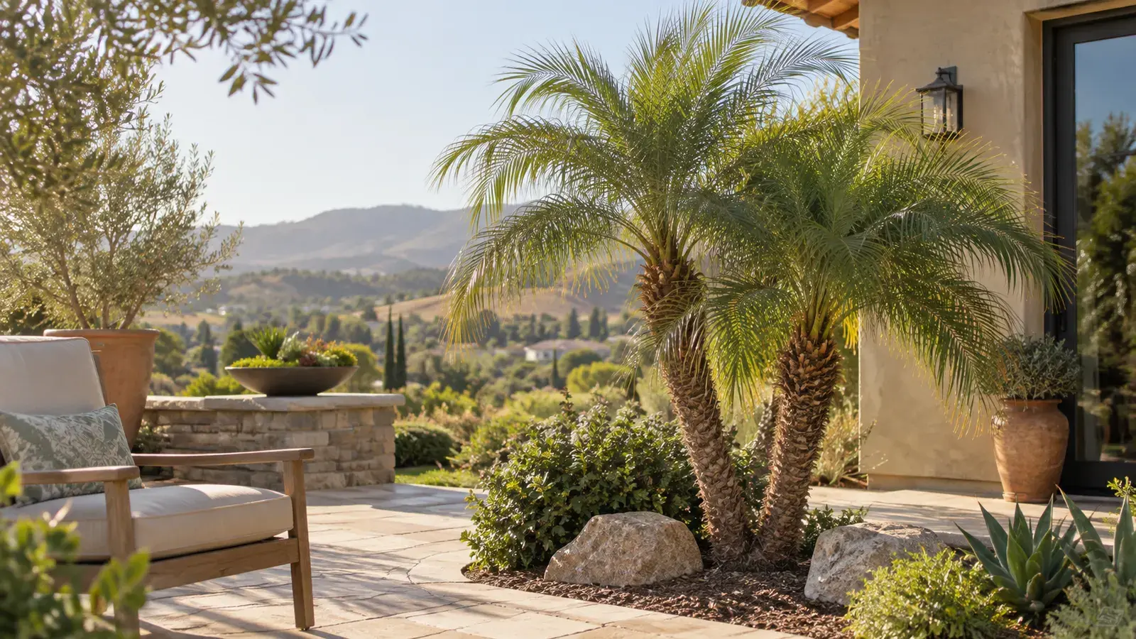 Small pygmy date palms with fine arching foliage beside a stone patio.