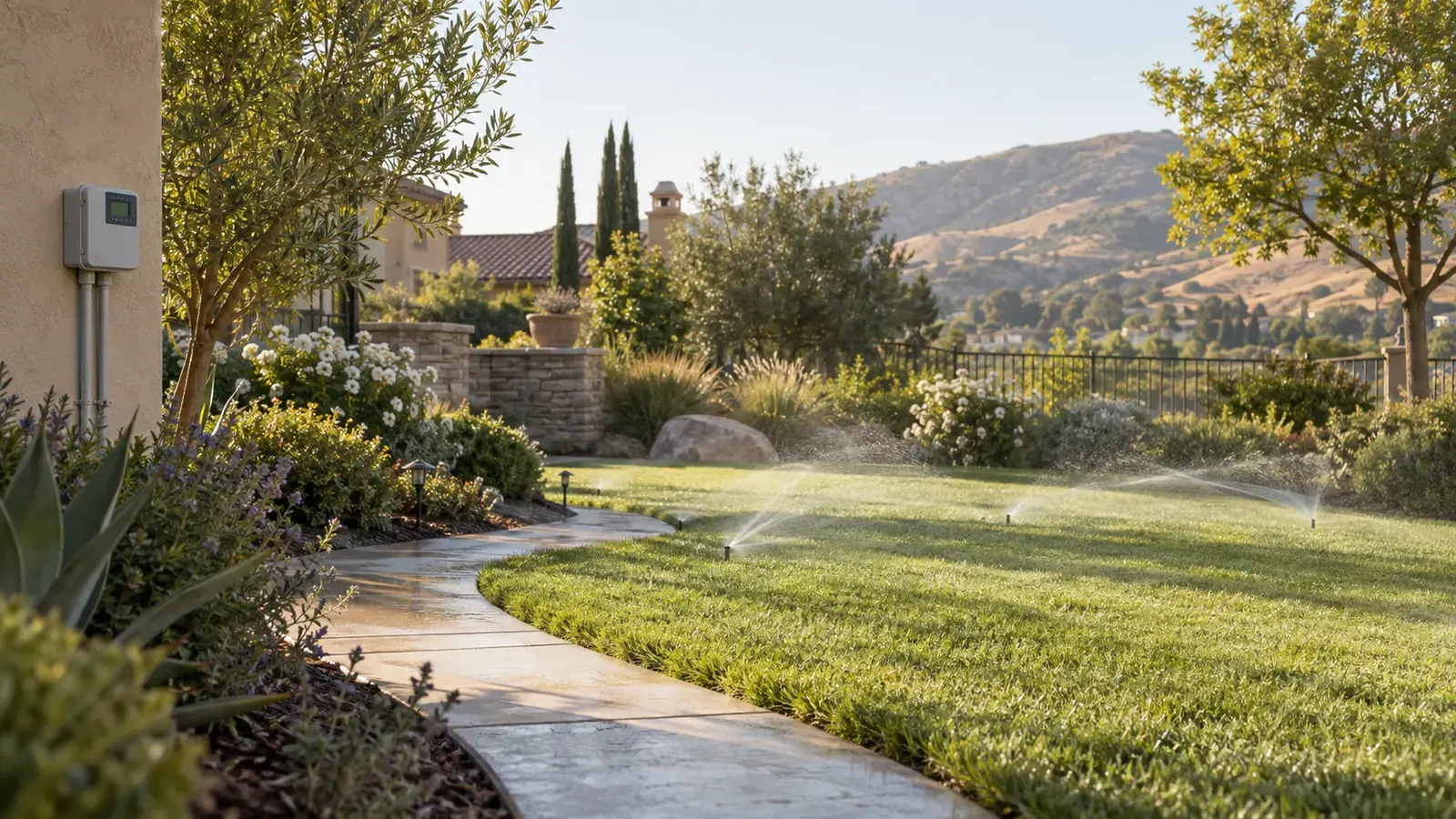 Lawn sprinklers operating in morning light beside landscaped beds and a garden path.