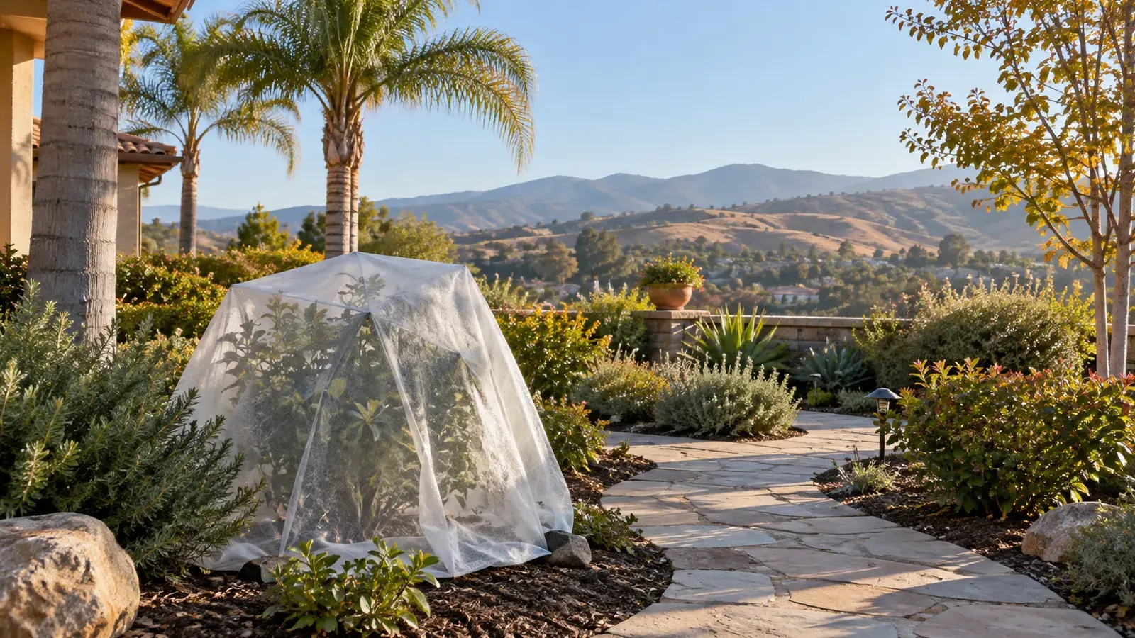 Frost cloth protecting a shrub in a landscaped yard with palms and distant hills.