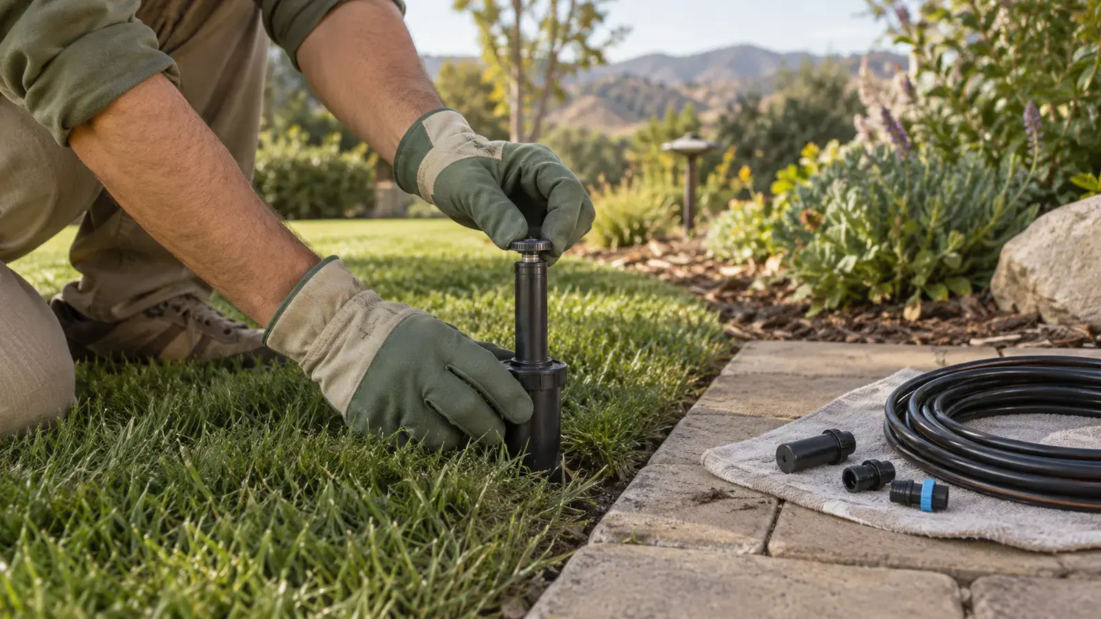 Gloved hands inspecting a pop-up sprinkler beside irrigation tubing and fittings.