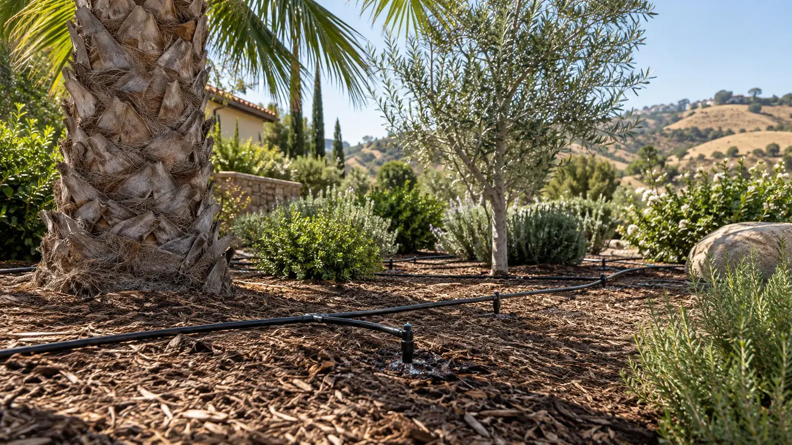 Drip irrigation spread through a mulched bed containing a palm, olive tree, and shrubs.