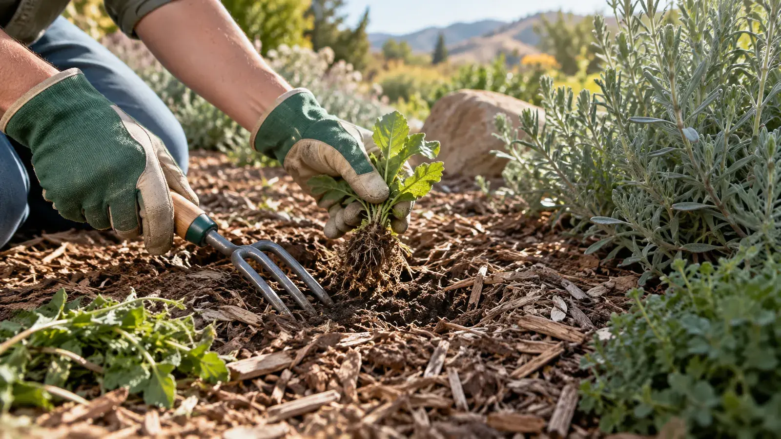 Gloved hands lifting a weed and its roots from a mulched garden bed.
