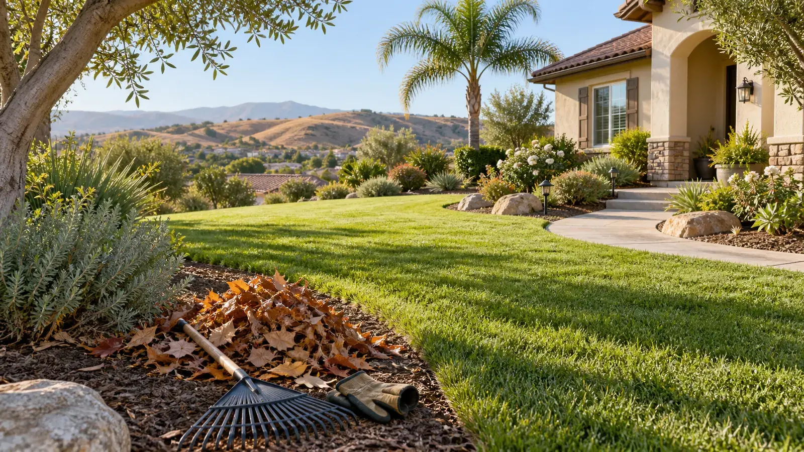 Neat lawn, curved walkway, and mulched garden beds with a rake and gathered leaves.